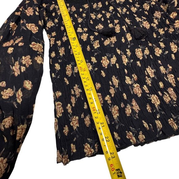 Blue Boheme Floral Top Sz.M- L Black Smocked Ruffle Whimsigoth Fairy Grunge - Picture 8 of 10